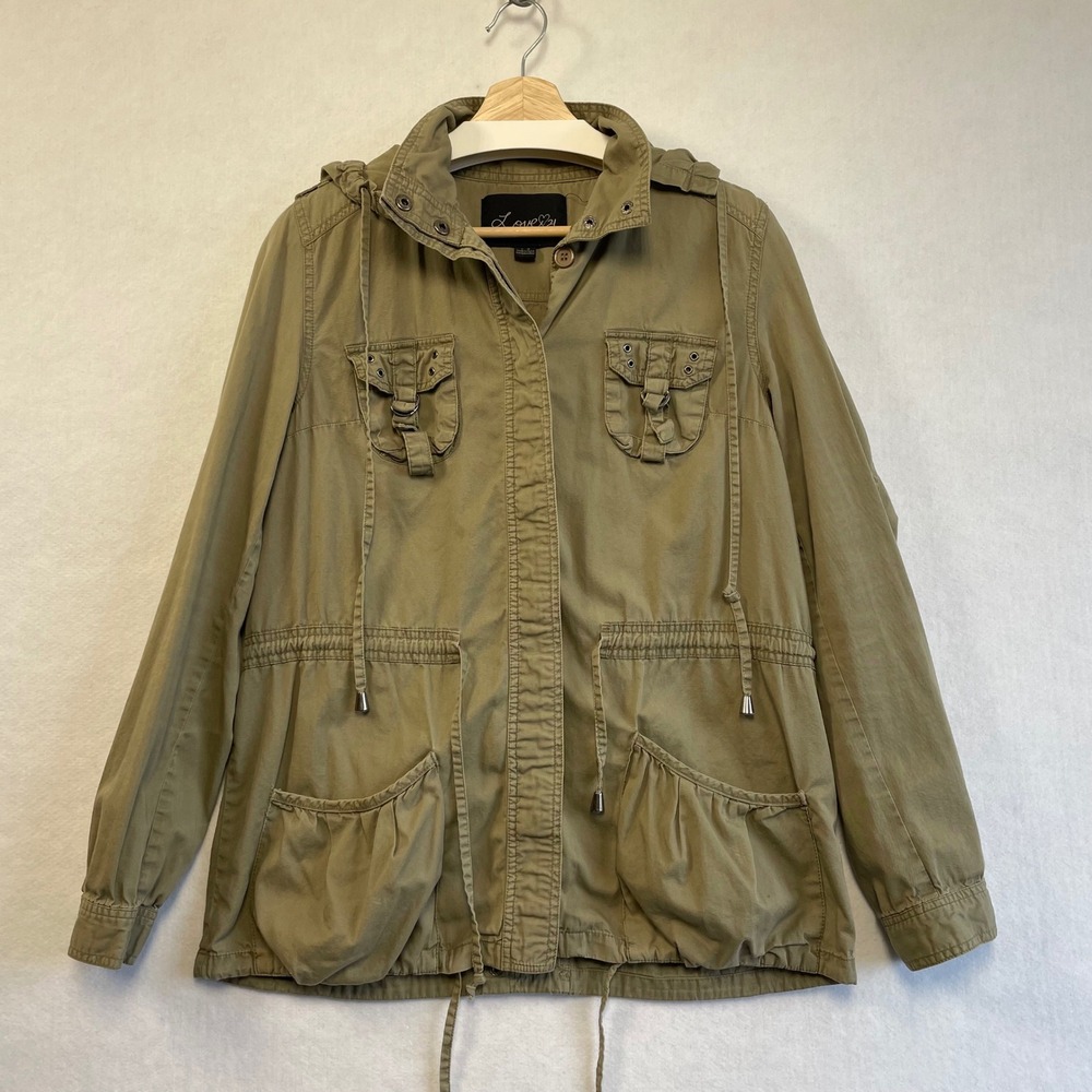 Love‎ 21 Womens Olive Green Cotton Utility Field Jacket Hooded Size Large